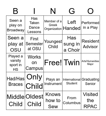 Theatre 2100 Bingo Card