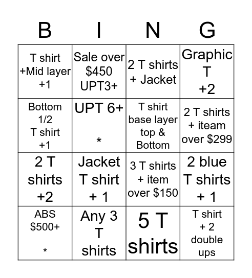 *All must have at least 1 T shirt Bingo Card