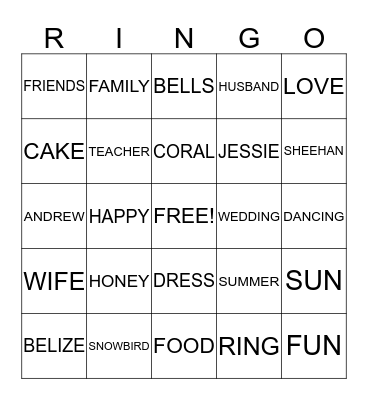 Miss Sheehan's Wedding Bingo Card