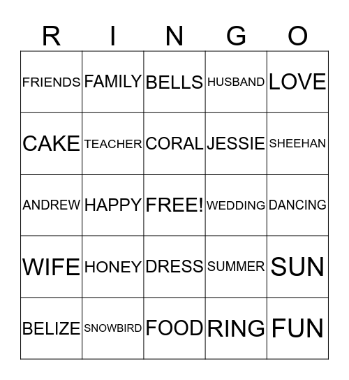 Miss Sheehan's Wedding Bingo Card