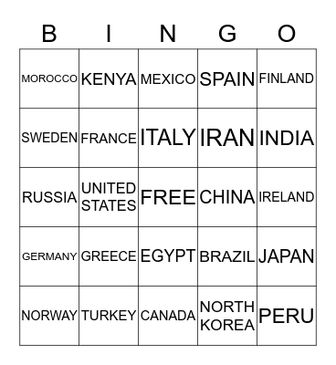 COUNTRIES OF THE WORLD Bingo Card