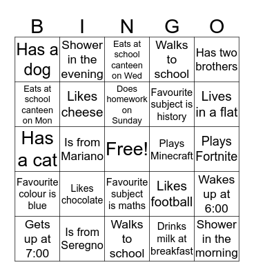 Questions Bingo Card