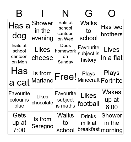 Questions Bingo Card