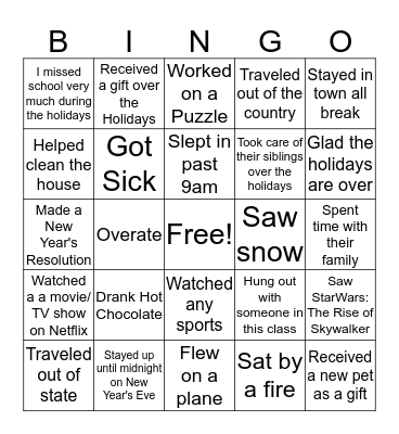 Winter Break Bingo ( Welcome Back) Bingo Card