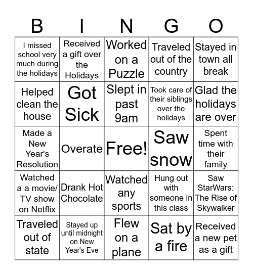 Winter Break Bingo ( Welcome Back) Bingo Card
