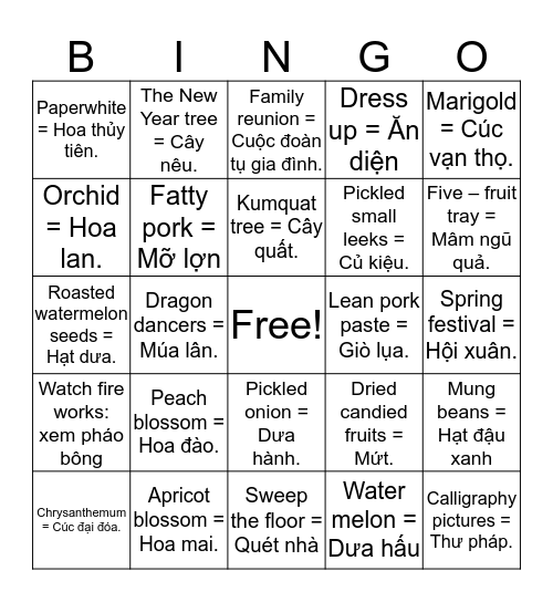 TET HOLIDAY Bingo Card