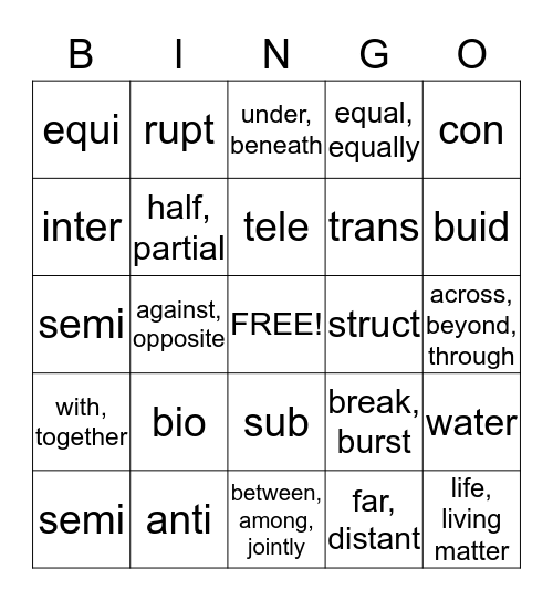 Word stem Bingo Card