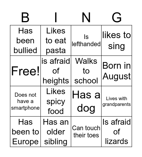 Getting to Know My Classmates Bingo Card