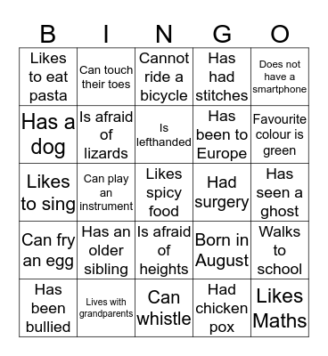 Getting to Know My Classmates Bingo Card
