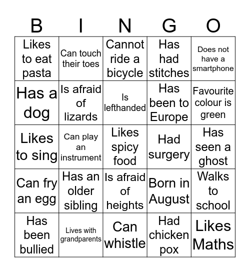 Getting to Know My Classmates Bingo Card