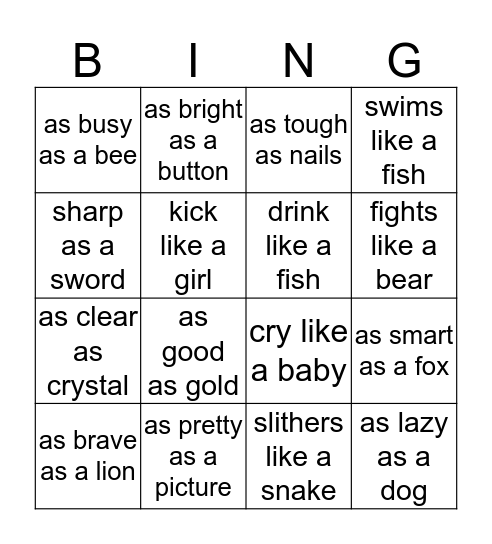 Simile  Bingo Card