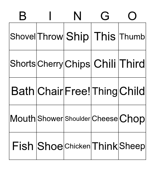 Sh, Ch, Th Bingo Card
