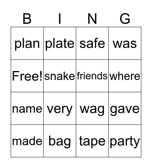 Unit 16 - Magic-e and Mr. A Bingo Card