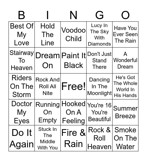 60s & 70s Hits Bingo Card