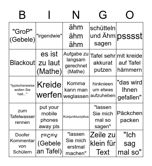 Lehrer Bingo Card