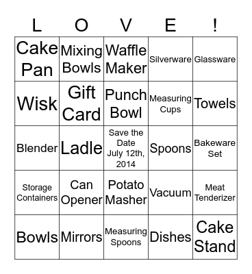 AMY'S BRIDAL SHOWER BINGO Card