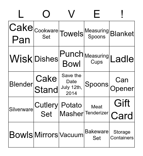 AMY'S BRIDAL SHOWER BINGO Card