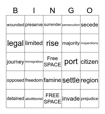 Unit 3 Immigration  Bingo Card