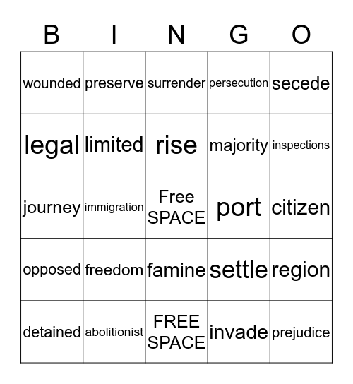 Unit 3 Immigration  Bingo Card