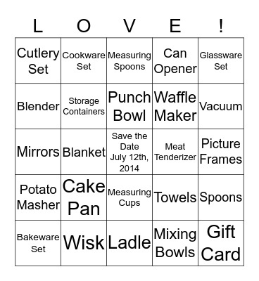 AMY'S BRIDAL SHOWER BINGO Card