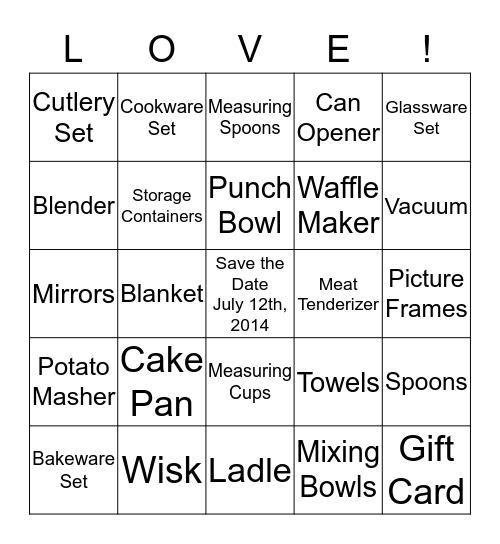 AMY'S BRIDAL SHOWER BINGO Card