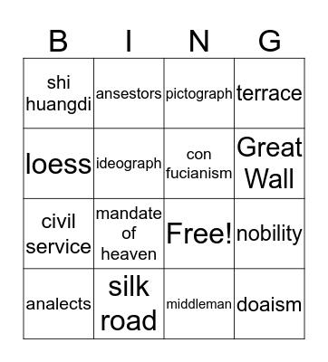China Bingo Card