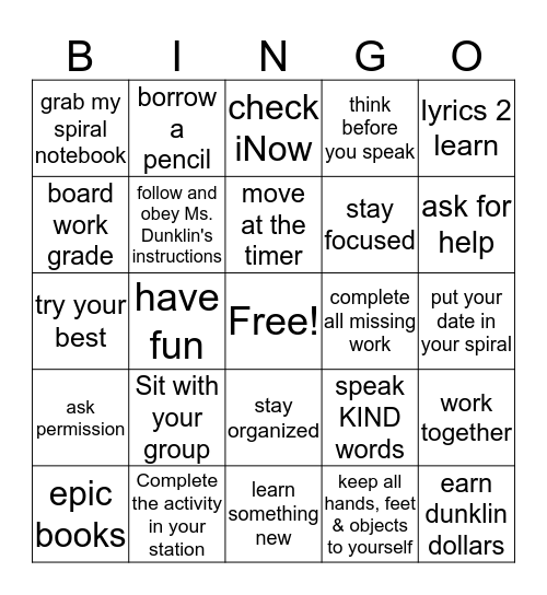 Ms. Dunklin's Expectations Bingo Card