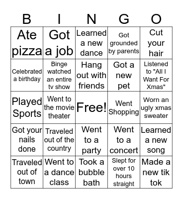 DANCE WINTER BREAK RECAP BINGO Card