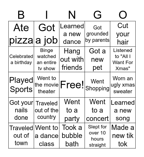 DANCE WINTER BREAK RECAP BINGO Card