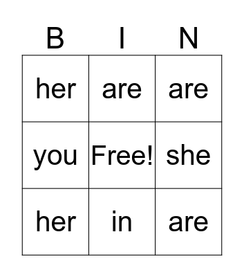 Sight Words Bingo Card