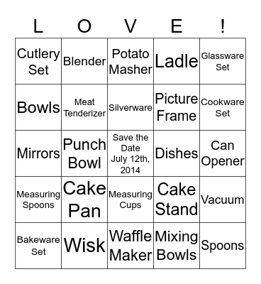 AMY'S BRIDAL SHOWER BINGO Card