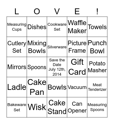 AMY'S BRIDAL SHOWER BINGO Card