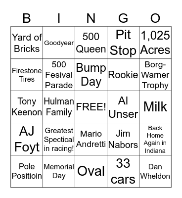 Indianapolis 500 Bingo Card