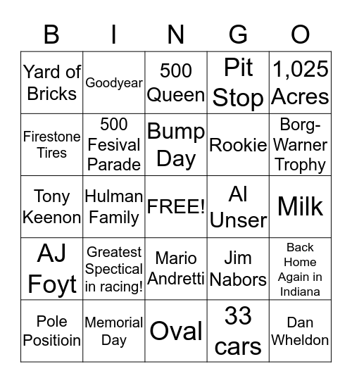 Indianapolis 500 Bingo Card