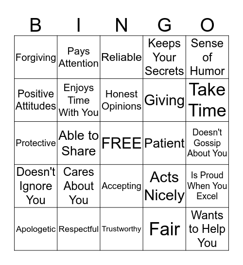 Friendship Bingo Card