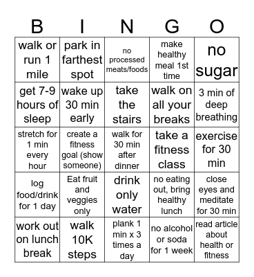 Fitness Bingo Card