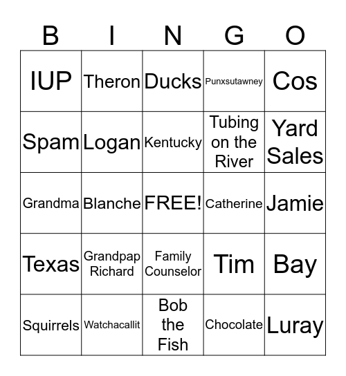 Manner Family BINGO Card