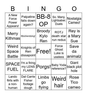 Star Wars Rise of Skywalker Bingo Card
