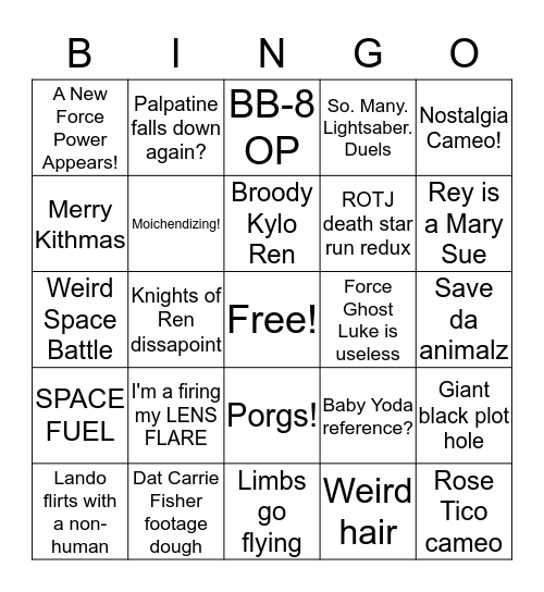Star Wars Rise of Skywalker Bingo Card