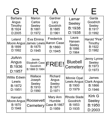 Cemetery Bingo Card