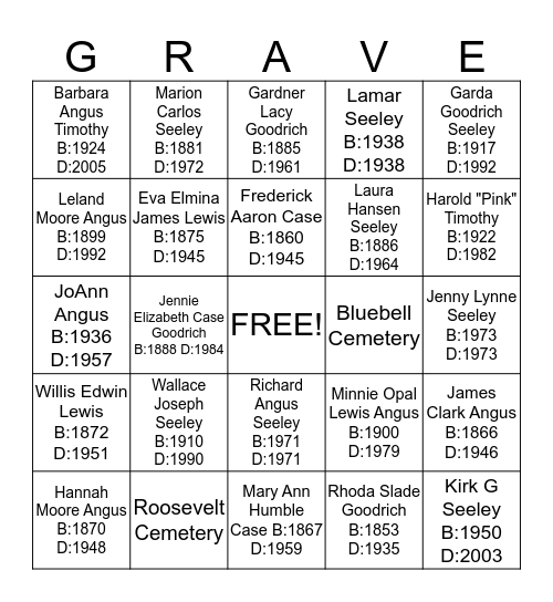 Cemetery Bingo Card