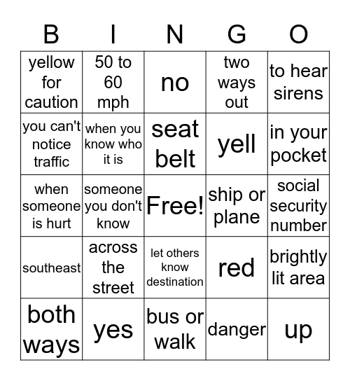 Transportation Topics Bingo Card