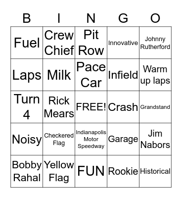 Indianapolis 500 Bingo Card