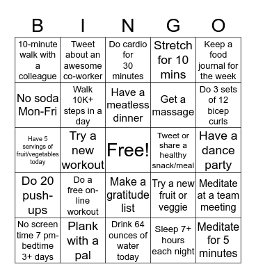 #BeWell34 Bingo Week 1 Bingo Card