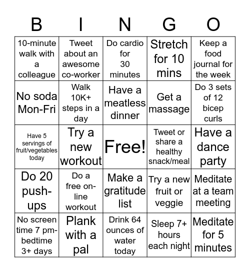 #BeWell34 Bingo Week 1 Bingo Card