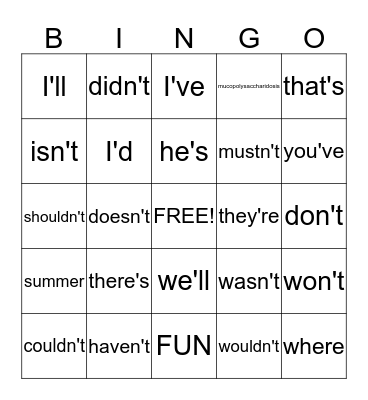 Spelling Word Bingo Card