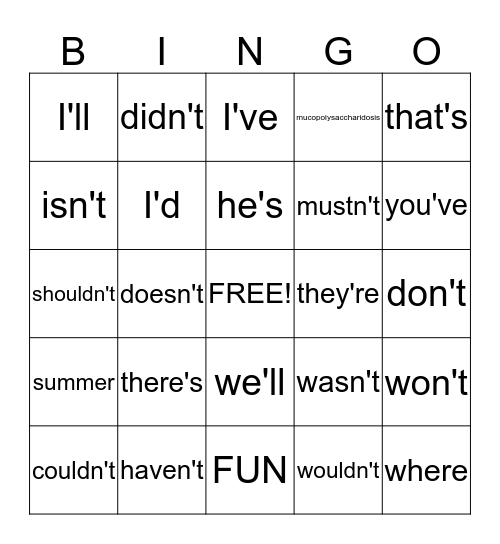 Spelling Word Bingo Card