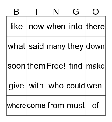 Sight Words 1 Bingo Card