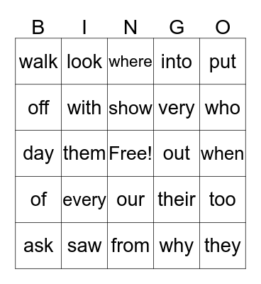 Sight Words 2 Bingo Card