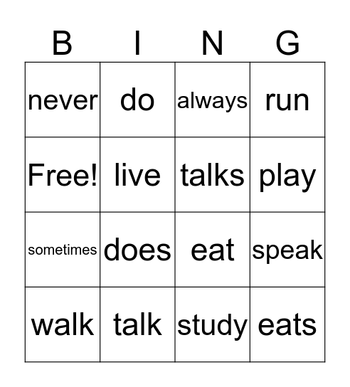 present/adverbs Bingo Card